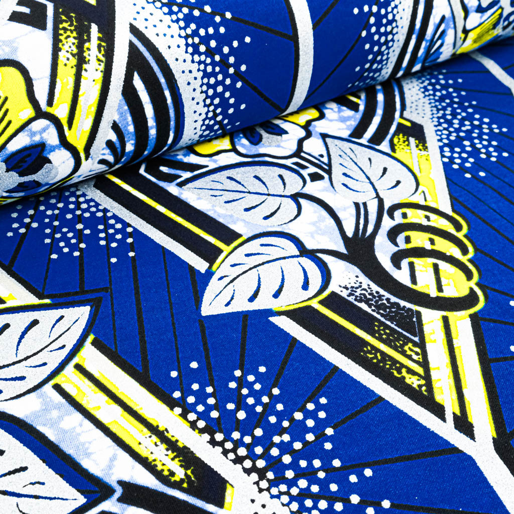 Blue and Yellow Wax Fabric with Silver Lurex Pattern - Maison Klem